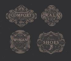Shoes labels vintage with inscriptions comfort sneakers, warm walk, woman footwear drawing in retro style on brown background