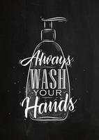 Soap dispencer in retrro style lettering always wash your hands drawing on chalk background vector