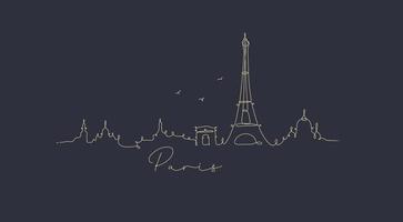 City silhouette paris in pen line style drawing with beige lines on dark blue background vector