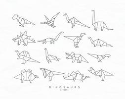 Set of dinosaurs in flat origami style tyrannosaurus, pterodactyl, barosaurus, stegosaurus, deinonychus, euoplocephalus, triceratops brachiosaurus drawing with black lines on white background vector