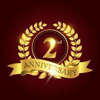 2nd anniversary celebration. Luxury celebration template with golden laurel and ribbon on dark red background. Elegant vector template for invitation card, celebration, greeting cards and other.
