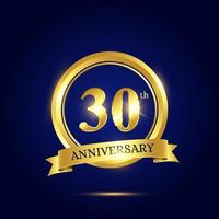 30th anniversary celebration. Luxury celebration template with golden circle and ribbon on dark blue background. Elegant vector template for invitation card, celebration, greeting cards and other.