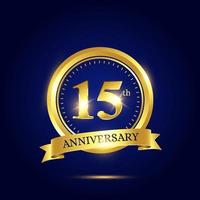 15th anniversary celebration. Luxury celebration template with golden circle and ribbon on dark blue background. Elegant vector template for invitation card, celebration, greeting cards and other.