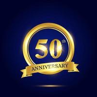 50th anniversary celebration. Luxury celebration template with golden circle and ribbon on dark blue background. Elegant vector template for invitation card, celebration, greeting cards and other.