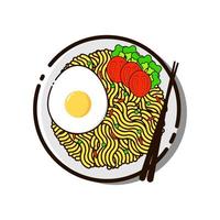 comida famosa indonesia en arte de diseño plano. fideos, huevos, tomates y hierbas son platos que utilizan palillos vector