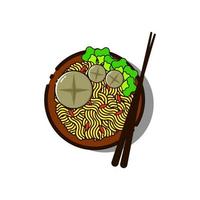 Indonesian Famous Food in Flat Design Art. Bakso, Noodles, Vegetables, and Spices in a Bowl using Chopsticks vector