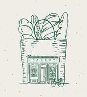 Bag with baguettes a storefront of bakery drawing in vintage style on beige background vector