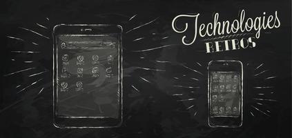 Icons on modern technology mobile tablet device in vintage style stylized drawing with chalk on chalkboard background