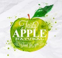 Poster with green watercolor apple lettering tasty apple natural good for you vector