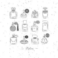 Frascos de perfume para dibujo de fragancia en estilo vintage sobre fondo blanco. vector