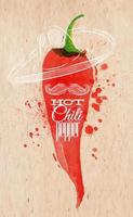 Poster with red watercolor chili pepper lettering hot chili pepper vector