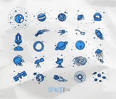 Space flat icons drawing with black lines and color on crumpled paper background. vector