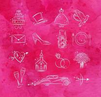 Set of wedding icons theme drawing with pink ink on black paper