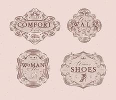 Shoes labels vintage with inscriptions comfort sneakers, warm walk, woman footwear drawing in retro style on peach color background vector