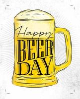 cartel de vidrio de cerveza letras feliz día de la cerveza dibujo en estilo vintage con carbón sobre fondo de papel vector