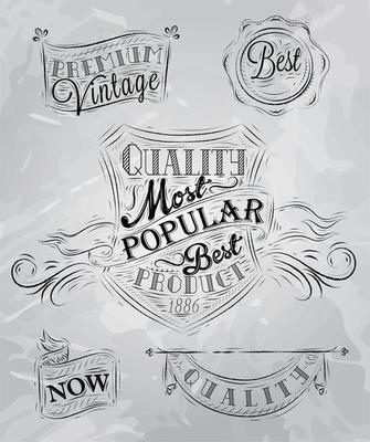Set of retro styled chalk drawings of vintage premium quality badges and labels in gray