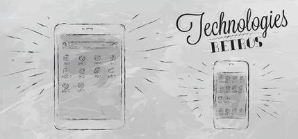 Icons on modern technology mobile tablet device in vintage style stylized under the chalk drawings gray vector