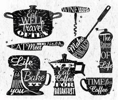 Kitchen symbol in retro vintage style lettering pan cup, knife, mixer, vector