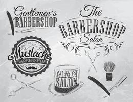 set barbería, tijeras, cepillo de afeitar, maquinilla de afeitar, cilindro, en un estilo retro y dibujo estilizado con carbón. vector