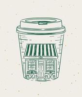 Cup to go a storefront of cafe drawing in vintage style on beige background vector