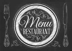 letras del restaurante de menú en un plato con un tenedor y una cuchara en el costado en un dibujo de estilo retro con tiza en la pizarra.