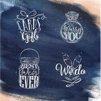 Wedding symbols lettering cards and gifts, want to marry you, best, day ever, we do drawing on dark blue watercolor vector