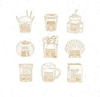 Set of storefront confectionery, coffee, bakery, vegetable, book, asian food, pharmacy, bar, fish shop drawing in vintage style vector