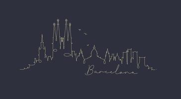 City silhouette barcelona in pen line style drawing with beige lines on dark blue background vector