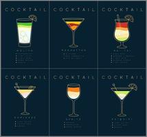 Set of flat cocktail posters mojito, manhattan, mai tai, kamikaze, spritz, daiquiri drawing on dark blue background vector