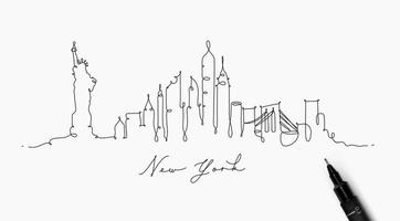 silueta de la ciudad nueva york en estilo de línea de lápiz con líneas negras sobre fondo blanco vector