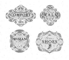 Shoes labels vintage with inscriptions comfort sneakers, warm walk, woman footwear drawing in retro style on white background vector