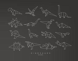 Set of dinosaurs in flat origami style tyrannosaurus, pterodactyl, barosaurus, stegosaurus, deinonychus, euoplocephalus, triceratops drawing with grey lines on black background