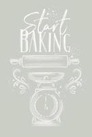 Poster with illustrated pastry equipment lettering start baking in hand drawing style on gray background. vector