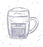 vaso de cerveza un escaparate de bar dibujando en estilo vintage sobre fondo blanco vector