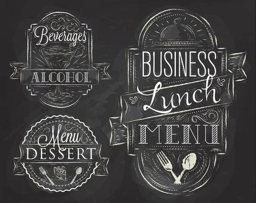Elements on the theme of the restaurant business lunch stylized a chalk drawing on a blackboard in a retro style