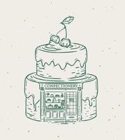 Cake a storefront of confectionery drawing in vintage style on beige background vector