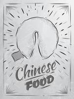 cartel de comida china en estilo retro con letras de galletas de la fortuna dibujo estilizado con carbón en la pizarra vector