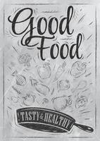 cartel buena comida con sartén en el que los productos vuelan dibujo estilizado con carbón en la pizarra. vector
