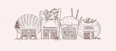 Set of storefronts fish shop, bakery, asian food, bakery drawing with brown color