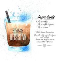 White Russian cocktails drawn watercolor blots and stains with a spray, including recipes and ingredients vector