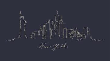 City silhouette new york in pen line style drawing with beige lines on dark blue background vector