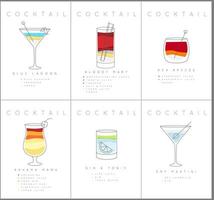 Set of flat cocktail posters blue lagoon, bloody mary, sea breese, gin and tonic, dry martini drawing on white background vector