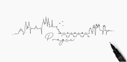 silueta de la ciudad de praga en un dibujo de estilo de línea de lápiz con líneas negras sobre fondo blanco vector