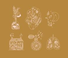 Set of floral art icons in hand made line style vase of flowers, woman face, moon, house, perfume bottle, human lungs drawing on mustard color background vector