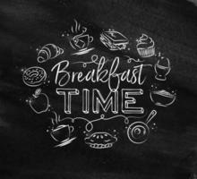 Breakfast time monogram with food icon drawing with chalk on chalkboard vector