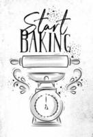 Poster with illustrated pastry equipment lettering start baking in hand drawing style on dirty paper background. vector