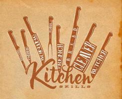 Poster meat cutting knifes butcher, french, bread, paring, fork, boning, cleaver, filleting drawing in vintage style on craft background vector