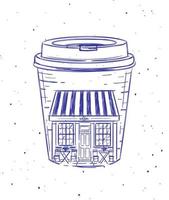 Cup to go a storefront of cafe drawing in vintage style on white background vector