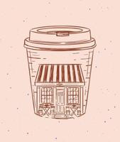 Cup to go a storefront of cafe drawing in vintage style on peach color background vector