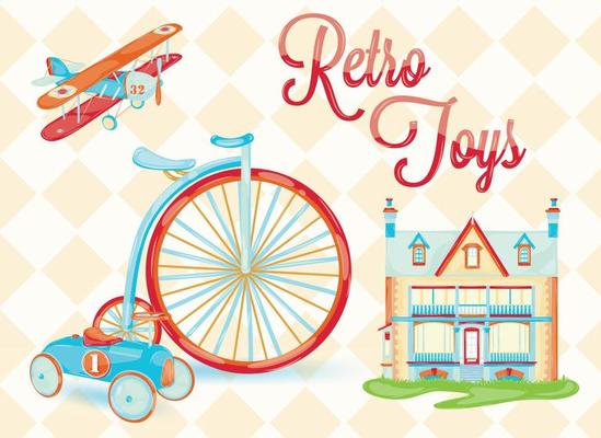Retro toy doll house, bicycle, car, plane, chair, stylized vintage toys, baby with the background of rhombuses